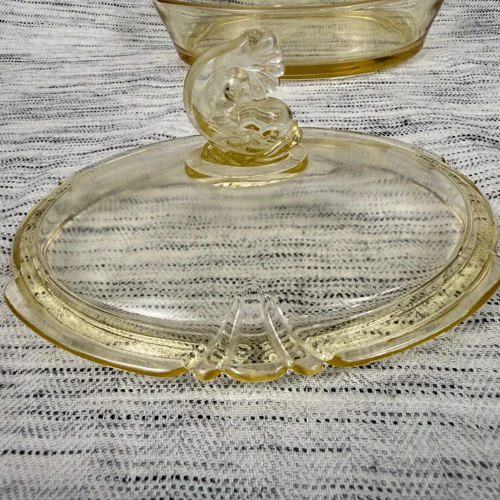 VTG Heisey Empress Sahara Yellow Glass Oval Covered Lemon Dish Dolphin Finial